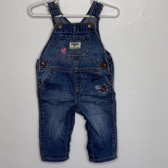 OshKosh B'gosh Vestbak Size 6M Overalls Denim Heart Embroidered Butterfly Snaps - Picture 3 of 12